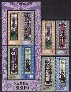 Самоа, 1972, Рождество, Витражи, 4 марки, блок